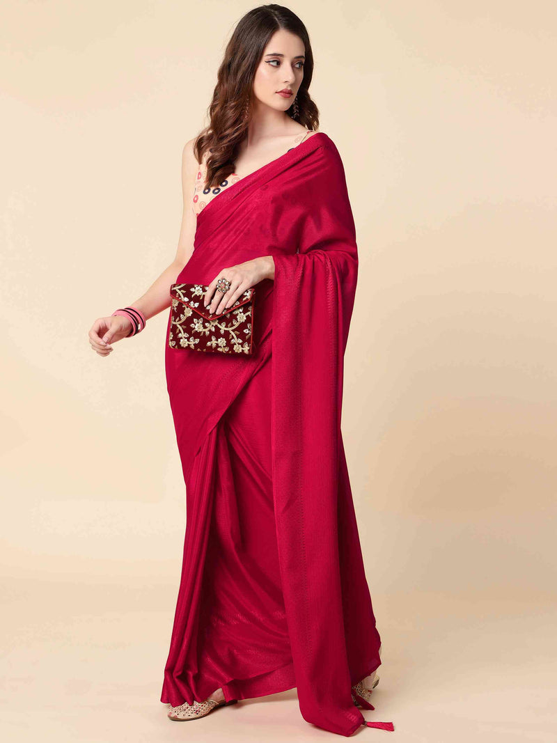 RED CHINON SILK SAREE WITH DIGITAL PRINTED BLOUSE