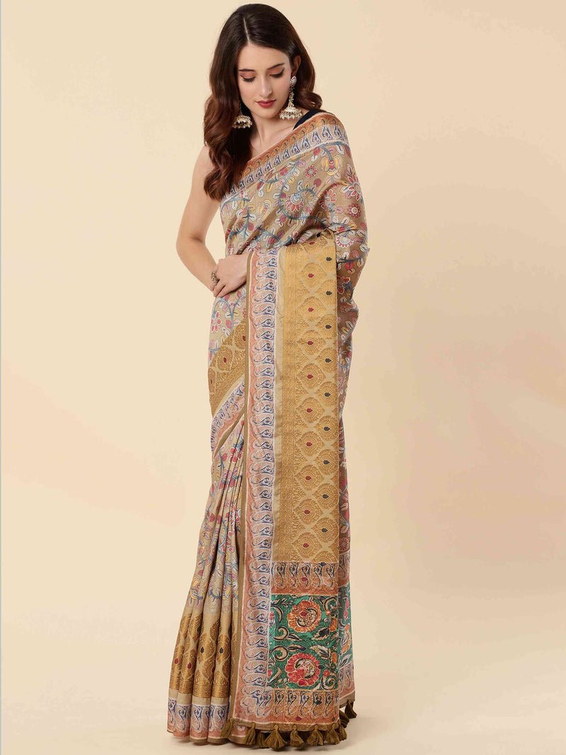 MUSTARD EVA SILK FUSION KALAMKARI SAREE