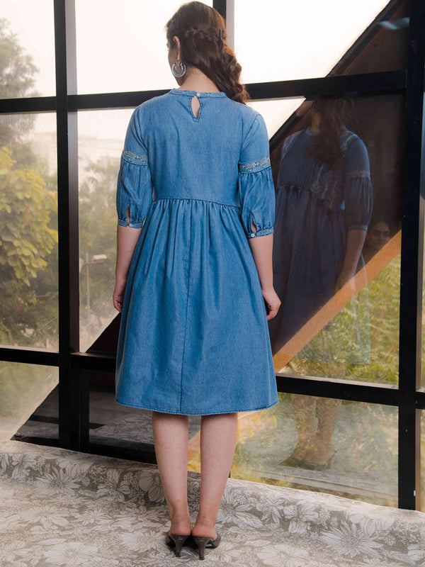WOMEN EMBROIDERED FIT AND FLARE DENIM DRESS
